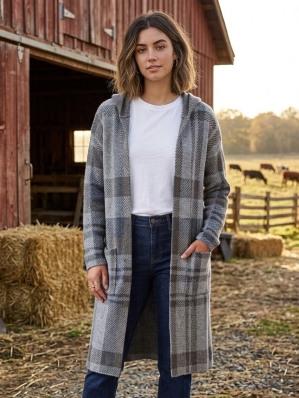 Ariat Saratoga Cardigan Sweater Open Front Pockets Hooded Gray Plaid Cozy Small
